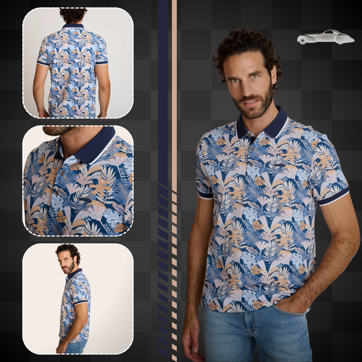 Delahaye Polo "Fleurs Eucalyptus" - coton élasthanne, coupe droite épurée. Broderie voiture Delahaye poitrine. Confort premium. - Esprit Pilote