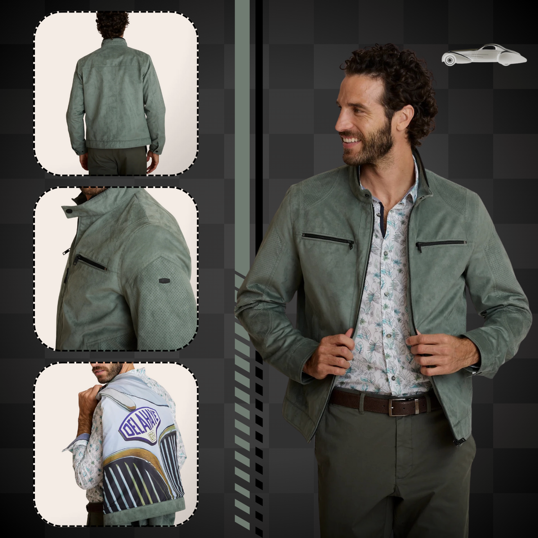 Delahaye Blouson "Bosona" - Vert sauge effet suédé : coupe ajustée, matière légère premium. Élégance automobile pour le printemps-été. - Esprit Pilote