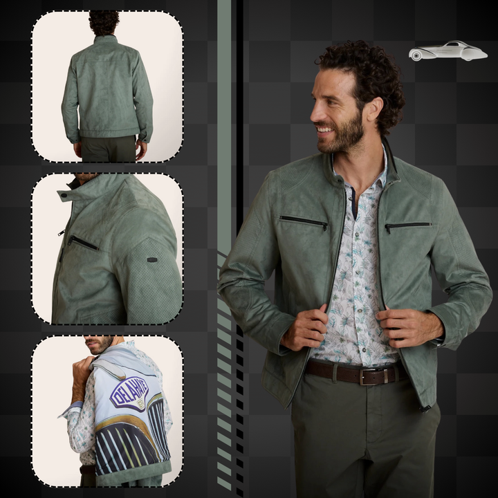 Delahaye Blouson "Bosona" - Vert sauge effet suédé : coupe ajustée, matière légère premium. Élégance automobile pour le printemps-été. - Esprit Pilote