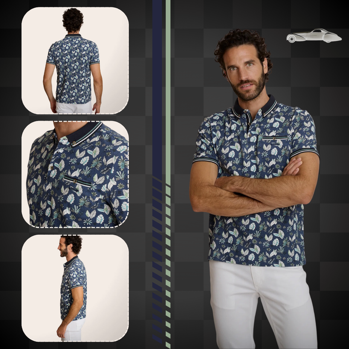 Delahaye Polo "Fleurs Indigo" - Polo coton-élasthanne, coupe droite épurée. Broderie voiture Delahaye poitrine. Confort premium. - Esprit Pilote