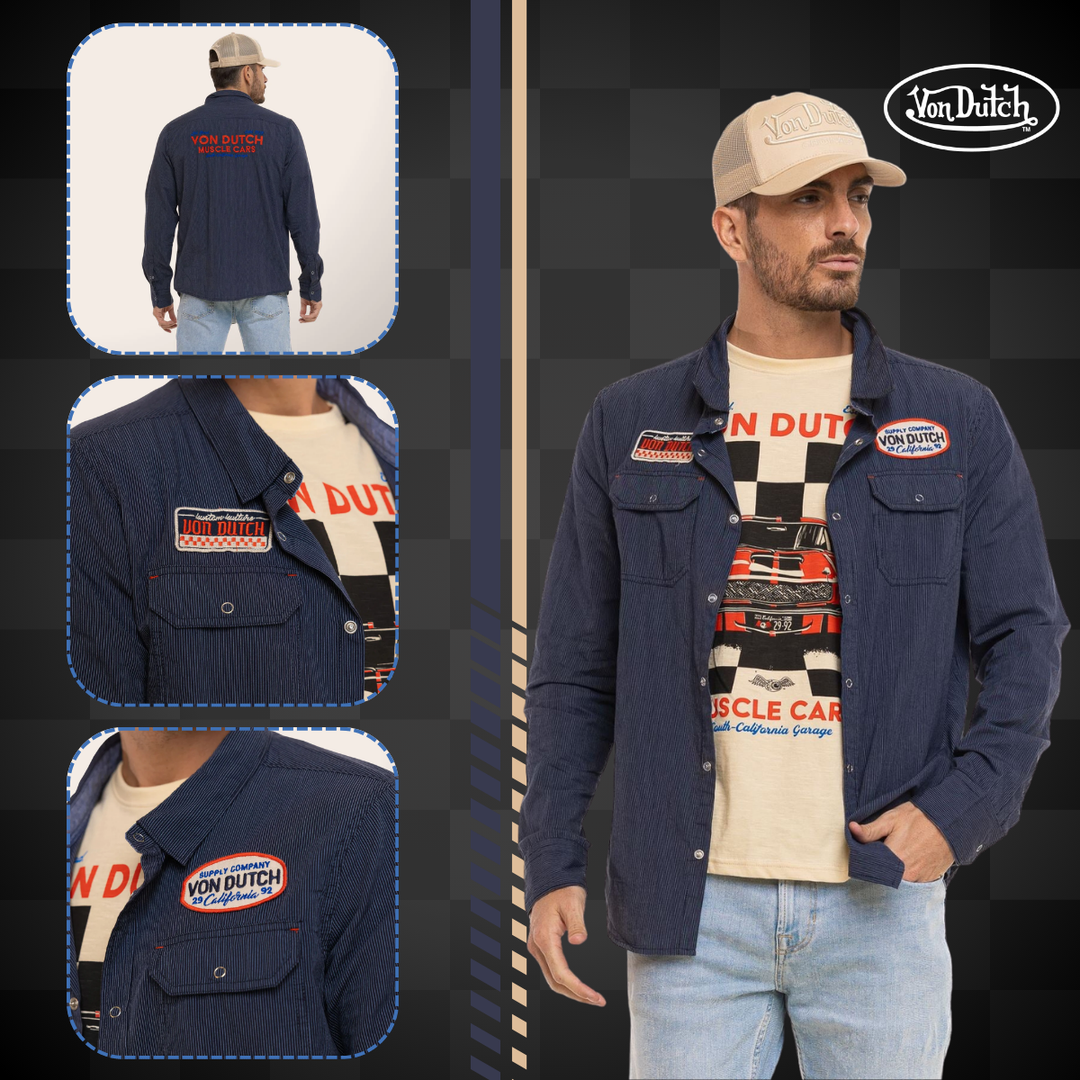 Von Dutch Chemise Rayée "Musc" - Von Dutch Chemise Rayée Musc. Coupe régulière, manches longues, 100% coton. Fermeture à pression. Patchs brodés, écritures dos brodées. - Esprit Pilote