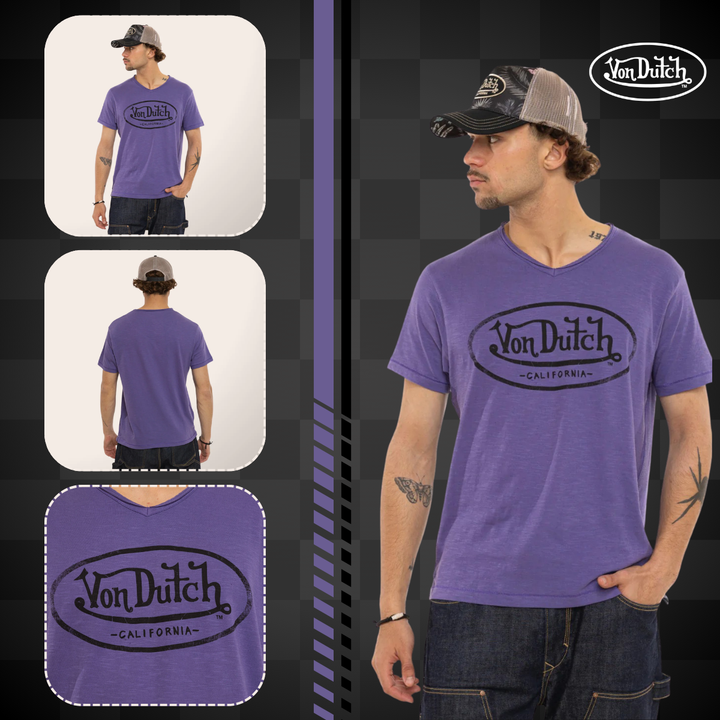 Von Dutch Tee Shirt "Ron" Violet - Von Dutch Tee Shirt "Ron" Violet en coton 100% léger et strié. Coupe régulière, col V, manches courtes. Violet et noir. Lavage 30°. - Esprit Pilote