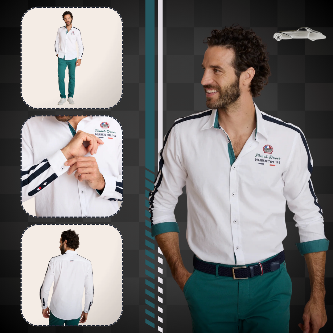 Delahaye Chemise "Cajam" - Delahaye Chemise Cajam coupe regular inspirée de l'univers racing. Bandes contrastées aux manches, broderie racing sur la poitrine et finitions soignées. - Esprit Pilote