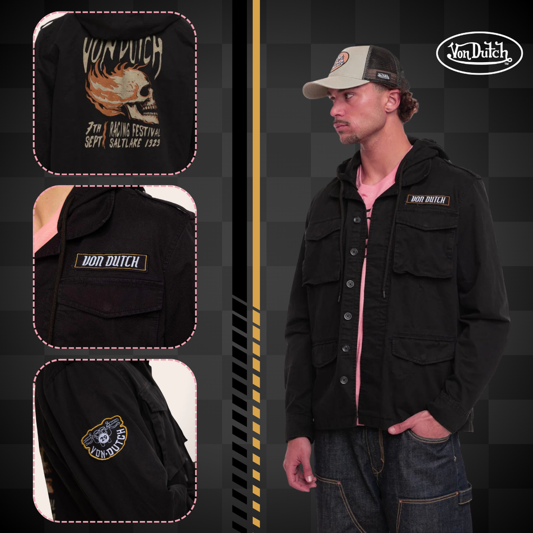 Von Dutch Veste à Capuche mi-saison "Salt" - Veste à capuche denim Von Dutch collection Salt. 100% coton, coloris noir/blanc/orange. Fermeture bouton, coupe mi-saison idéale pour les passionnés de style racing authentique. - Esprit Pilote