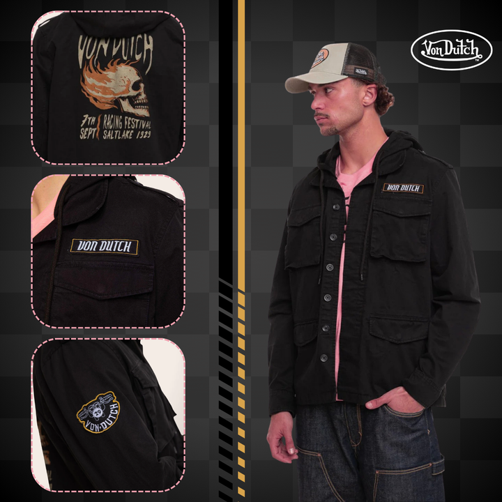 Von Dutch Veste à Capuche mi-saison "Salt" - Veste à capuche denim Von Dutch collection Salt. 100% coton, coloris noir/blanc/orange. Fermeture bouton, coupe mi-saison idéale pour les passionnés de style racing authentique. - Esprit Pilote