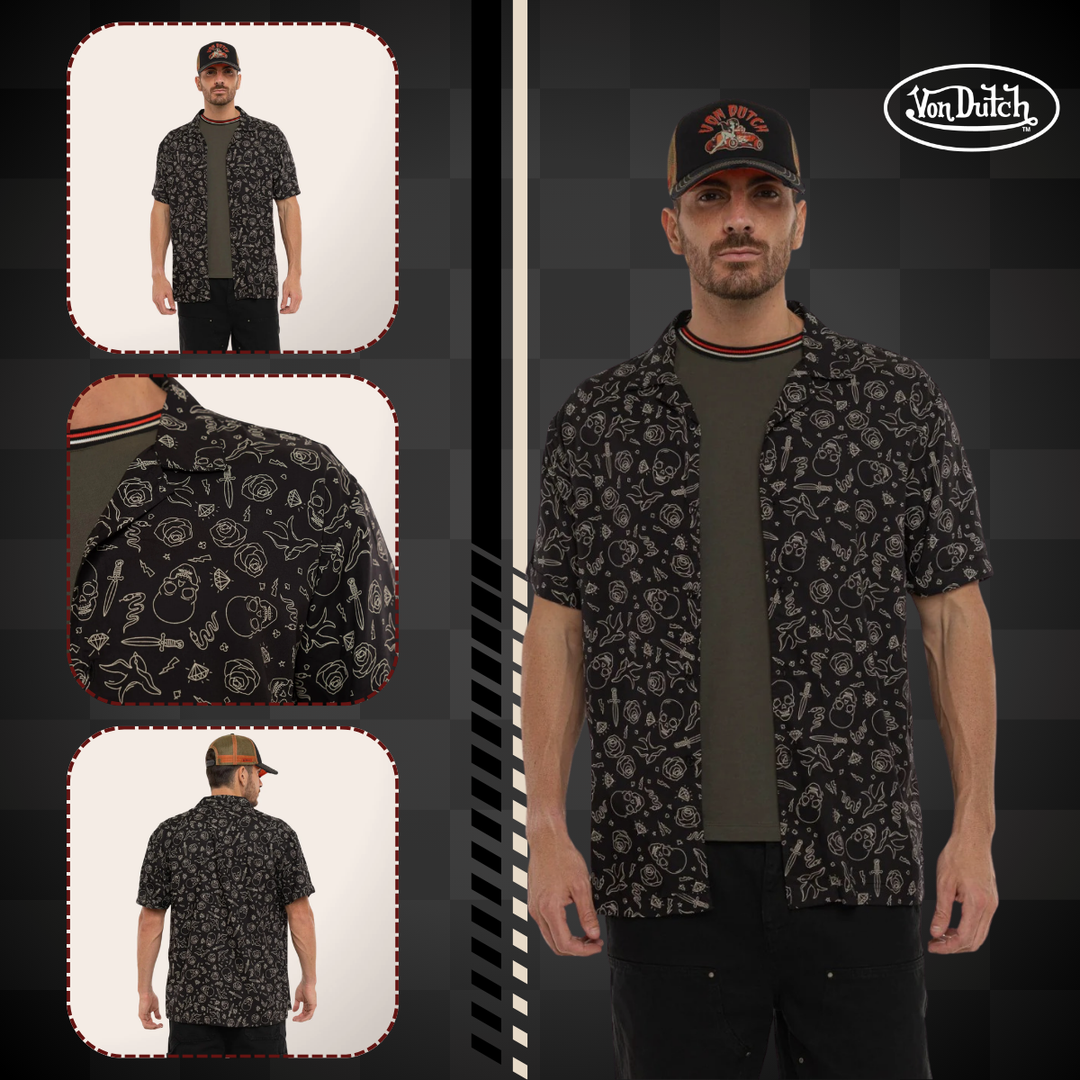 Von Dutch Chemisette "Tats" - Von Dutch Chemisette "Tats" - Von Dutch Chemise "Tats" en viscose 100% noir et blanc. Coupe régulière, manches courtes, fermeture bouton. -