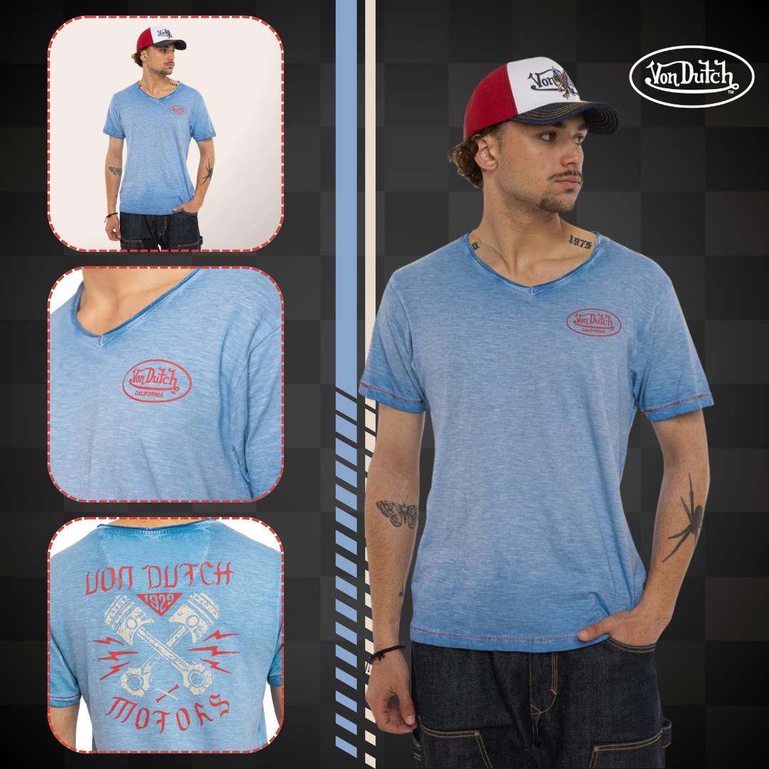 Von Dutch Tee Shirt Col V "Piston" - Von Dutch Tee Shirt Col V "Piston"– coton 100% flammé, coupe régulière et manches courtes. -