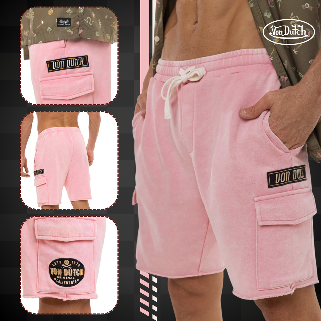 Von Dutch Bermuda "Vlad" - Von Dutch Bermuda "Vlad" - Von Dutch Bermuda "Vlad" rose et noir. Coupe droite cargo légère et confortable. Tissu délavé en coton-polyester (60/40). -