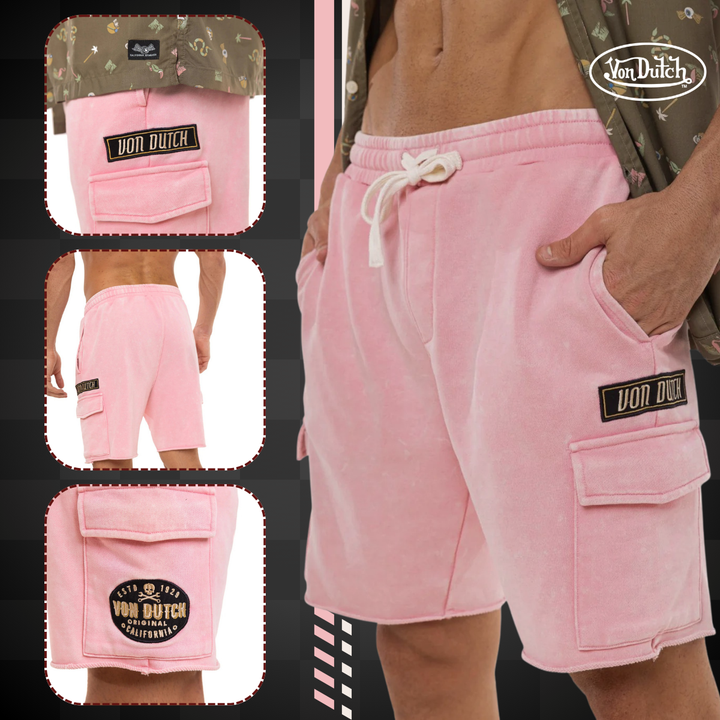 Von Dutch Bermuda "Vlad" - Von Dutch Bermuda "Vlad" - Von Dutch Bermuda "Vlad" rose et noir. Coupe droite cargo légère et confortable. Tissu délavé en coton-polyester (60/40). -