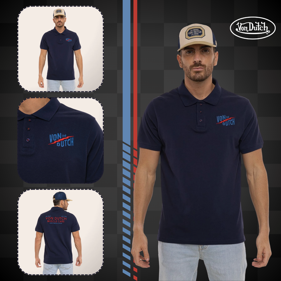 Von Dutch Polo "East" - Von Dutch Polo East bleu marine. Coupe régulière, manches courtes, col boutonné. 100% coton pour un confort optimal. Style intemporel et décontracté.
