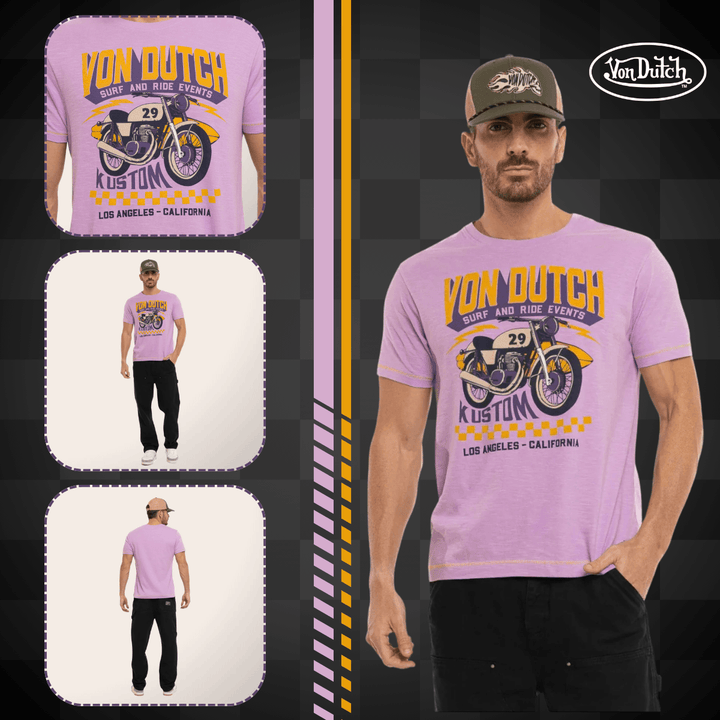 Von Dutch Tee Shirt "Event" Lila - Von Dutch Tee Shirt "Event" Lila 100% coton avec col rond et manches courtes. Coupe régular confortable avec effet flammé unique..