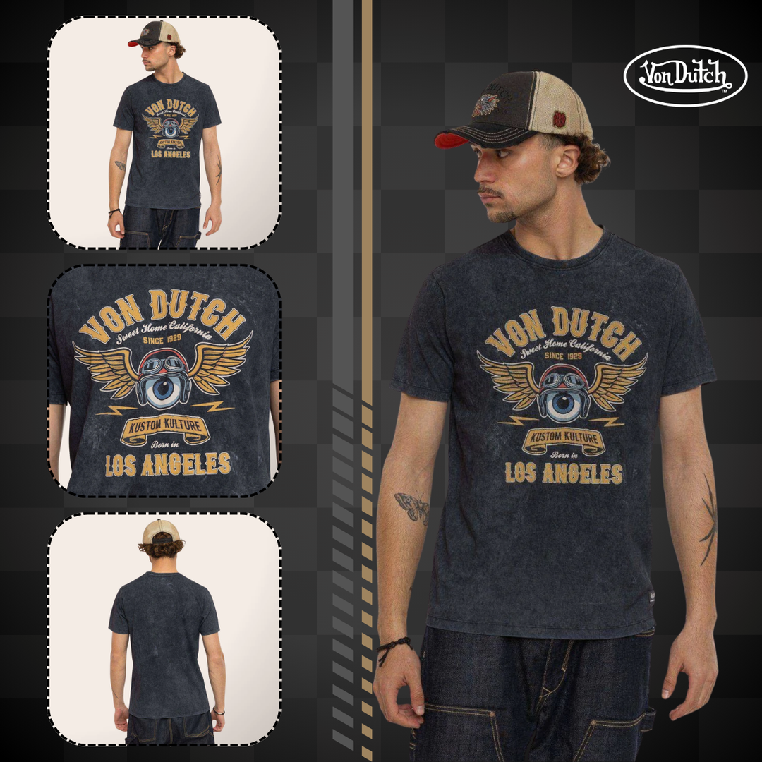 Von Dutch Tee Shirt "Seeing" - Von Dutch Tee Shirt Seeing gris coupe régulière en 100% coton. Col rond, manches courtes avec effet délavé tie and dye signature. Léger et confortable. - Esprit Pilote