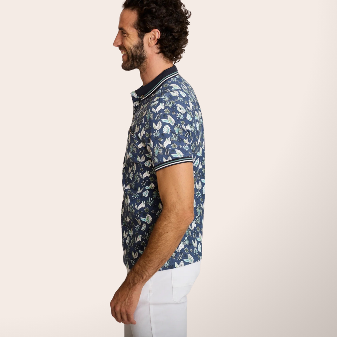 Delahaye Polo "Fleurs Indigo" - Polo coton-élasthanne, coupe droite épurée. Broderie voiture Delahaye poitrine. Confort premium. - Esprit Pilote
