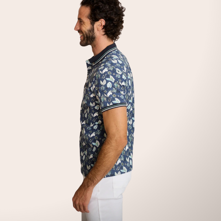 Delahaye Polo "Fleurs Indigo" - Polo coton-élasthanne, coupe droite épurée. Broderie voiture Delahaye poitrine. Confort premium. - Esprit Pilote