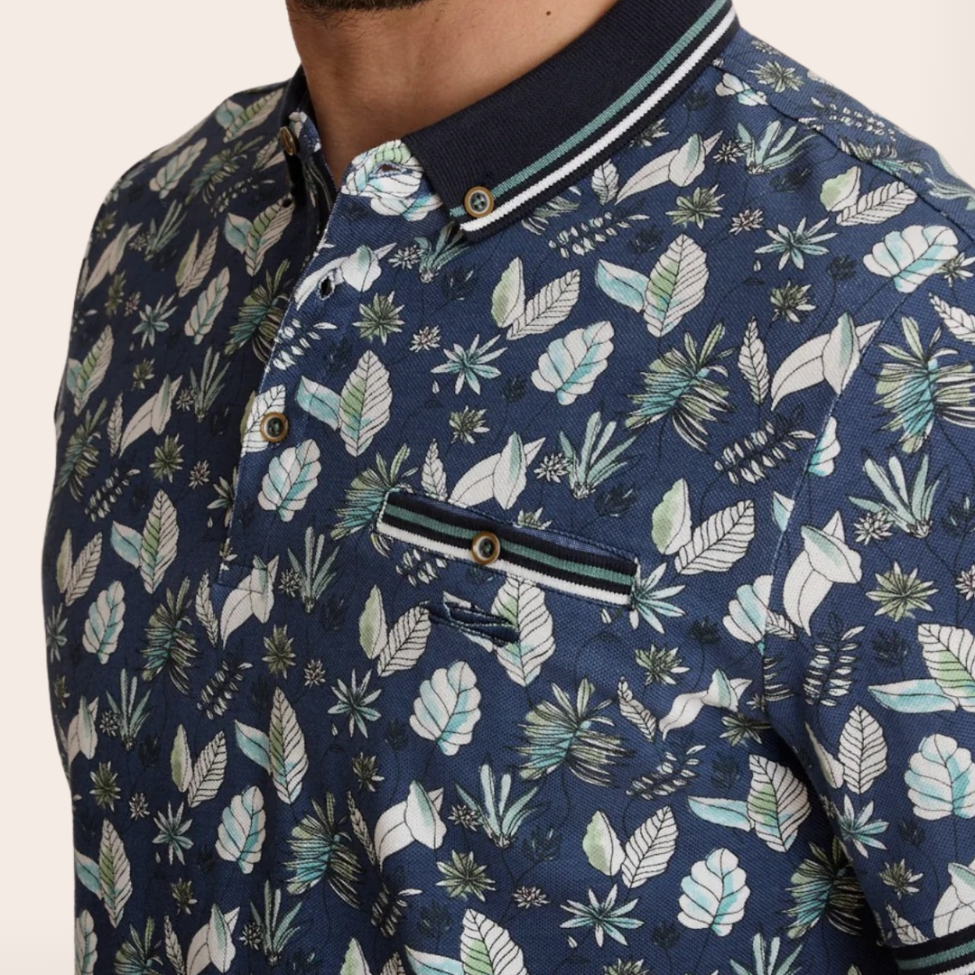 Delahaye Polo "Fleurs Indigo" - Polo coton-élasthanne, coupe droite épurée. Broderie voiture Delahaye poitrine. Confort premium. - Esprit Pilote