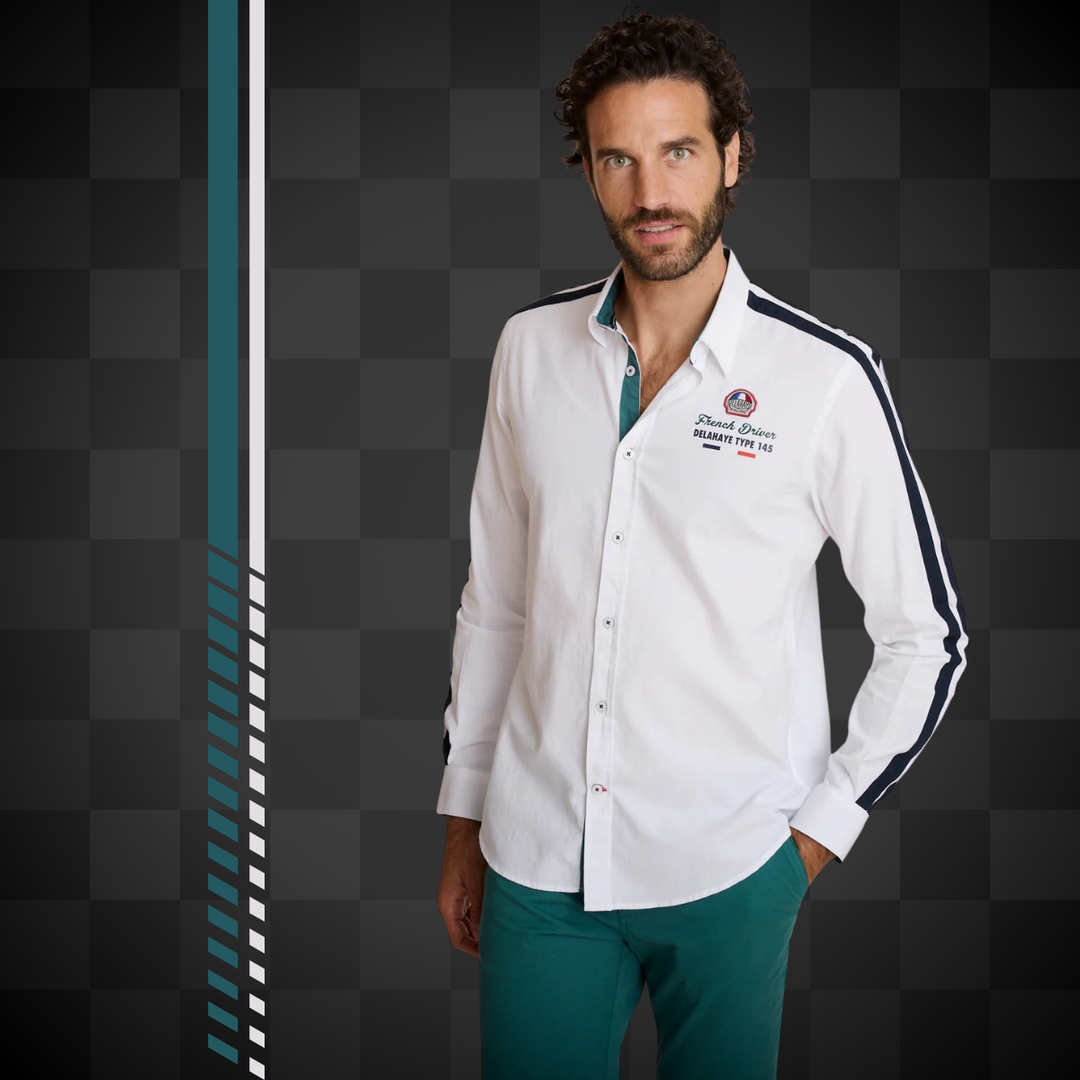 Delahaye Chemise "Cajam" - Delahaye Chemise Cajam coupe regular inspirée de l'univers racing. Bandes contrastées aux manches, broderie racing sur la poitrine et finitions soignées. - Esprit Pilote