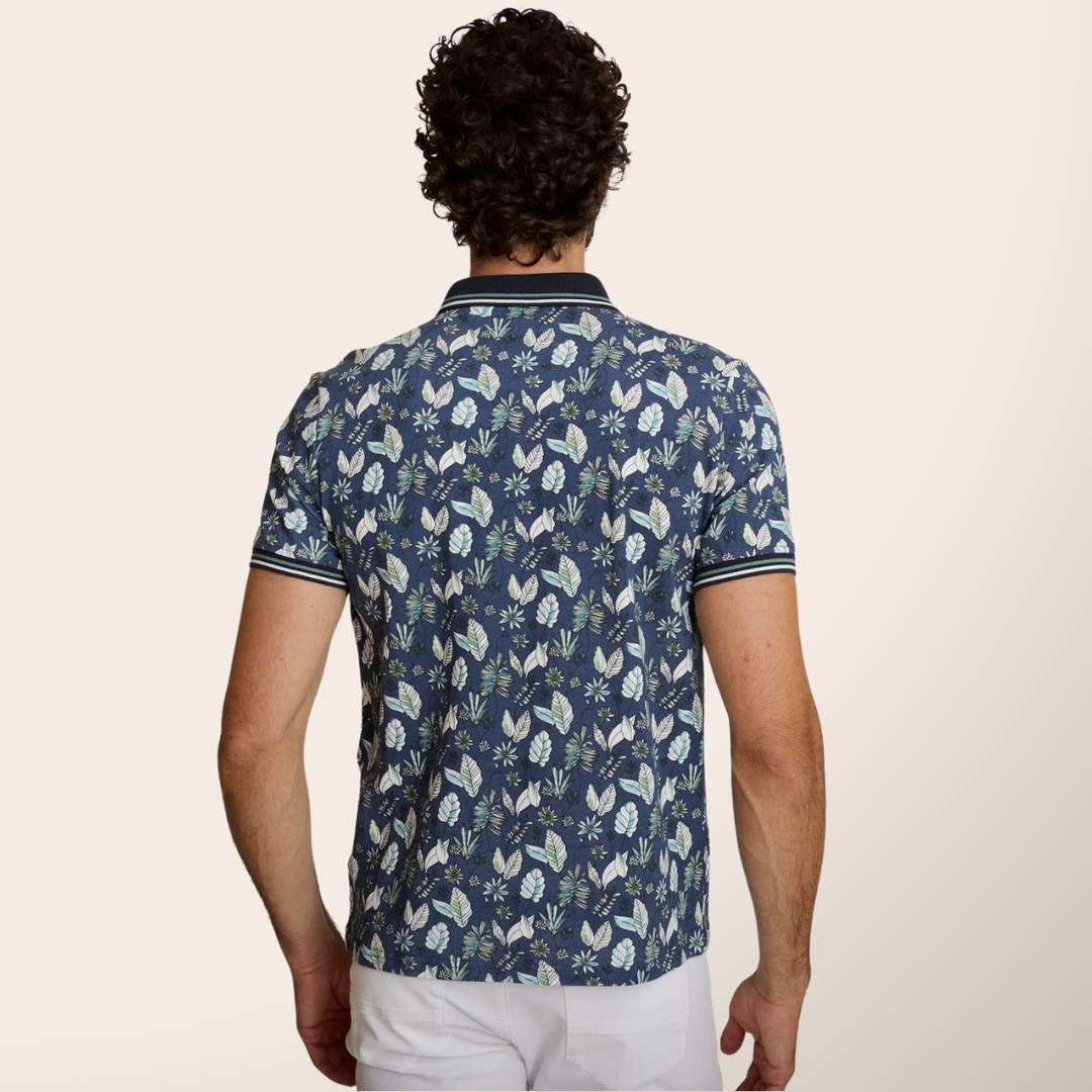 Delahaye Polo "Fleurs Indigo" - Polo coton-élasthanne, coupe droite épurée. Broderie voiture Delahaye poitrine. Confort premium. - Esprit Pilote