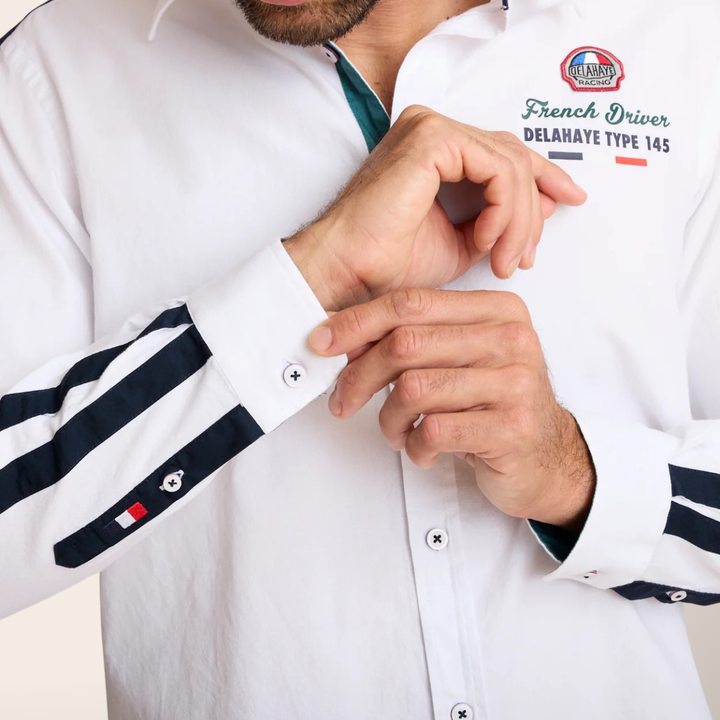 Delahaye Chemise "Cajam" - Delahaye Chemise Cajam coupe regular inspirée de l'univers racing. Bandes contrastées aux manches, broderie racing sur la poitrine et finitions soignées. - Esprit Pilote