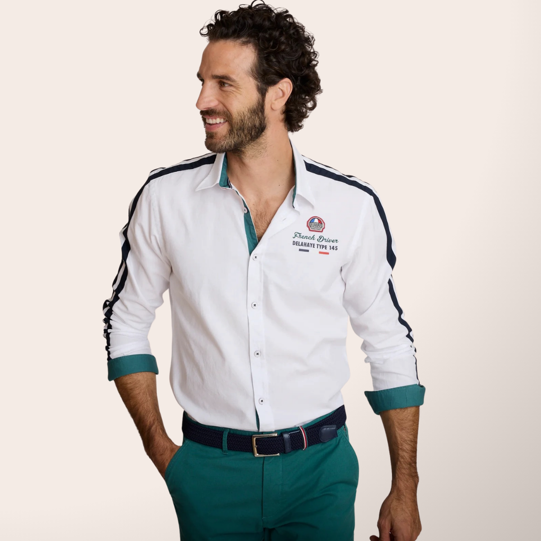 Delahaye Chemise "Cajam" - Delahaye Chemise Cajam coupe regular inspirée de l'univers racing. Bandes contrastées aux manches, broderie racing sur la poitrine et finitions soignées. - Esprit Pilote