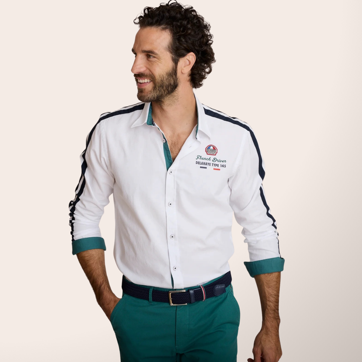Delahaye Chemise "Cajam" - Delahaye Chemise Cajam coupe regular inspirée de l'univers racing. Bandes contrastées aux manches, broderie racing sur la poitrine et finitions soignées. - Esprit Pilote