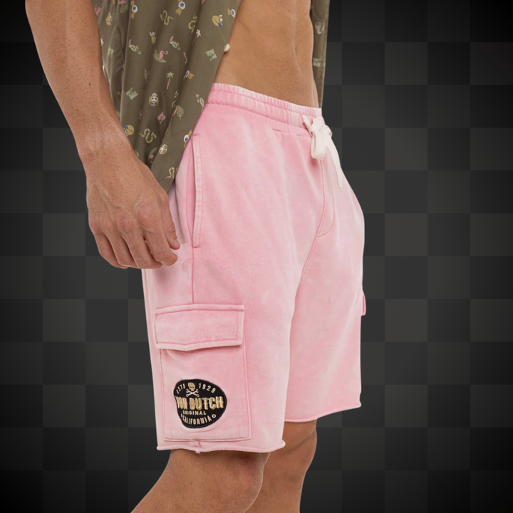 Von Dutch Bermuda "Vlad" - Von Dutch Bermuda "Vlad" - Von Dutch Bermuda "Vlad" rose et noir. Coupe droite cargo légère et confortable. Tissu délavé en coton-polyester (60/40). -