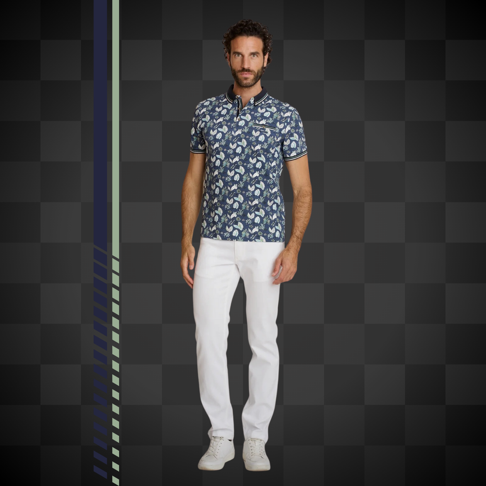 Delahaye Polo "Fleurs Indigo" - Polo coton-élasthanne, coupe droite épurée. Broderie voiture Delahaye poitrine. Confort premium. - Esprit Pilote