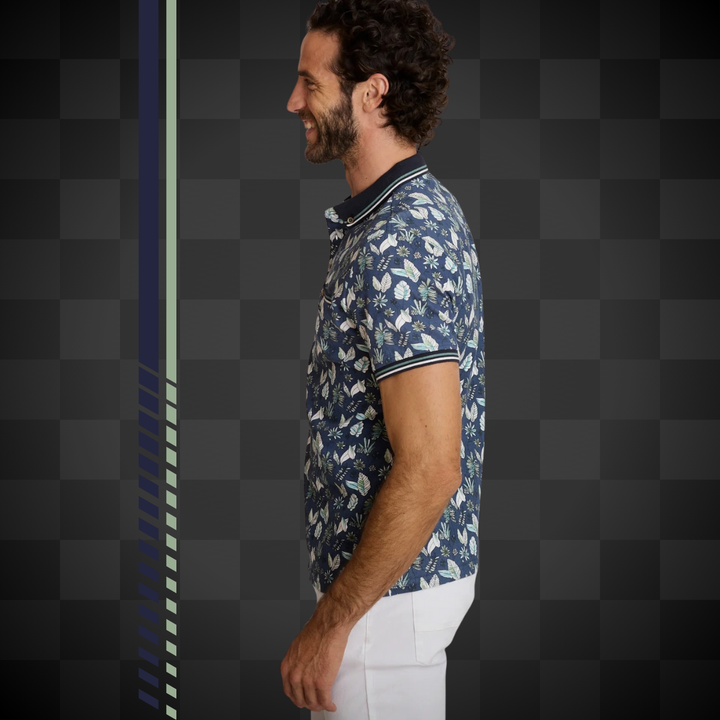 Delahaye Polo "Fleurs Indigo" - Polo coton-élasthanne, coupe droite épurée. Broderie voiture Delahaye poitrine. Confort premium. - Esprit Pilote