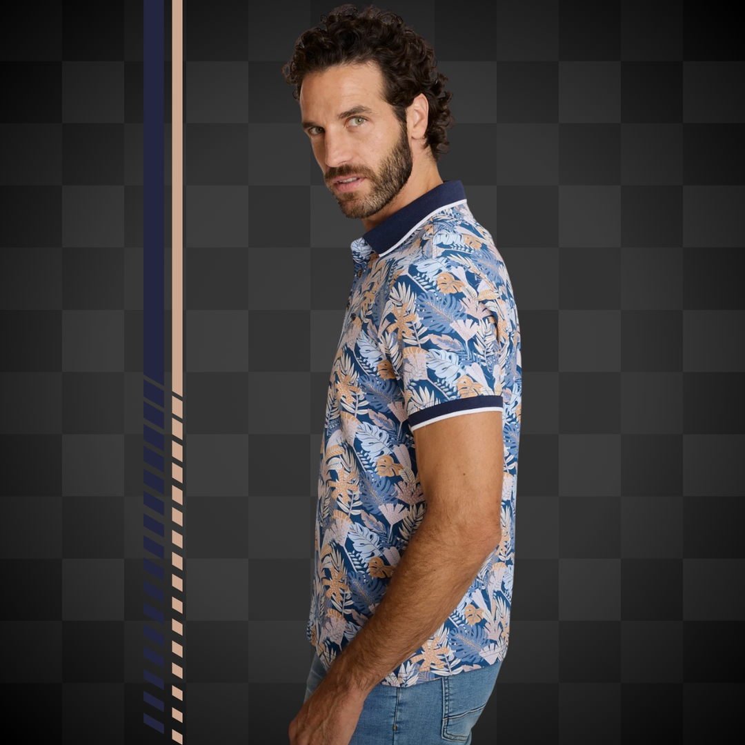 Delahaye Polo "Fleurs Eucalyptus" - coton élasthanne, coupe droite épurée. Broderie voiture Delahaye poitrine. Confort premium. - Esprit Pilote