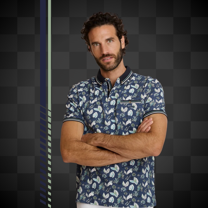 Delahaye Polo "Fleurs Indigo" - Polo coton-élasthanne, coupe droite épurée. Broderie voiture Delahaye poitrine. Confort premium. - Esprit Pilote