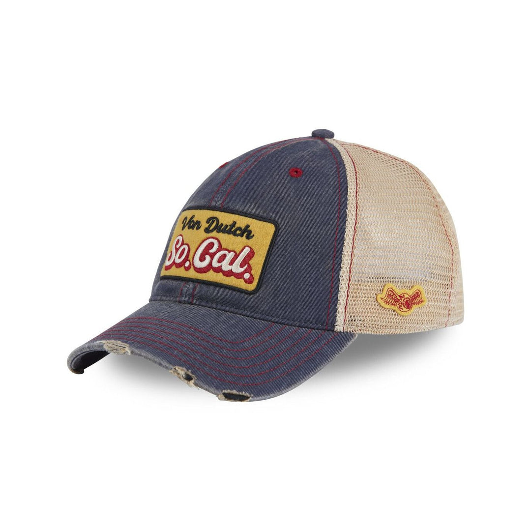 Von Dutch Casquette "Mac 09" - en denim coton-polyester. Visière arrondie, filet rigide, effet usé. Snapback ajustable. Coloris bleu, beige et jaune. - Esprit Pilote