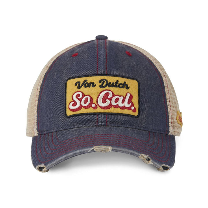 Von Dutch Casquette "Mac 09" - en denim coton-polyester. Visière arrondie, filet rigide, effet usé. Snapback ajustable. Coloris bleu, beige et jaune. - Esprit Pilote