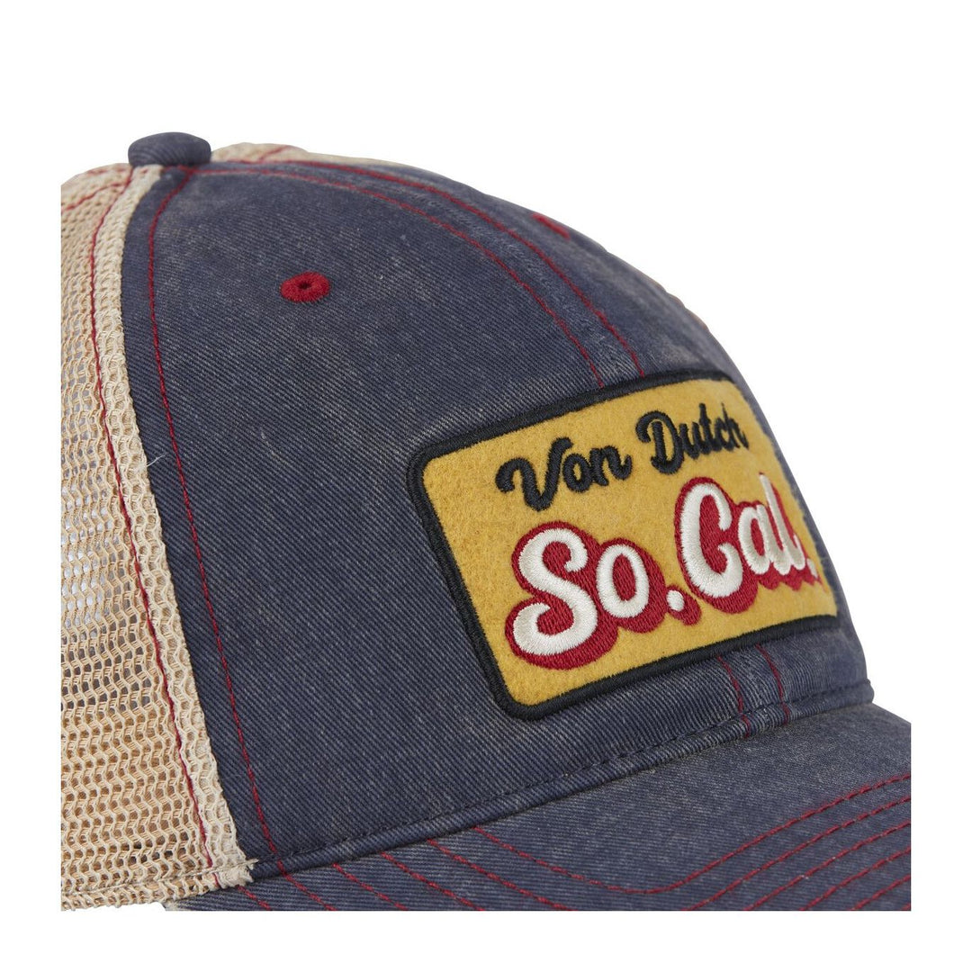 Von Dutch Casquette "Mac 09" - en denim coton-polyester. Visière arrondie, filet rigide, effet usé. Snapback ajustable. Coloris bleu, beige et jaune. - Esprit Pilote