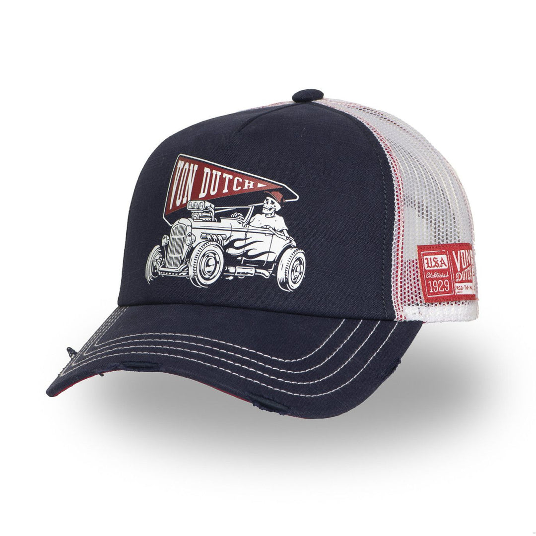 Von Dutch Casquette "Crew26" - bleu/blanc/rouge. Snapback ajustable, filet rigide, effet usé. Coton-polyester. Style racing authentique. - Esprit Pilote