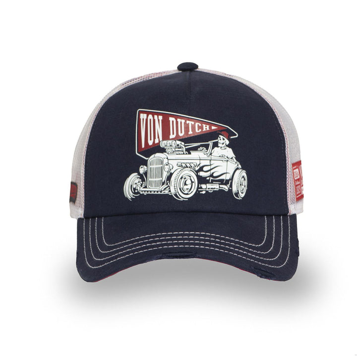 Von Dutch Casquette "Crew26" - bleu/blanc/rouge. Snapback ajustable, filet rigide, effet usé. Coton-polyester. Style racing authentique. - Esprit Pilote