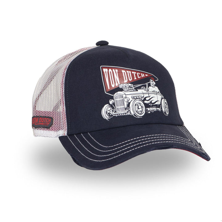 Von Dutch Casquette "Crew26" - bleu/blanc/rouge. Snapback ajustable, filet rigide, effet usé. Coton-polyester. Style racing authentique. - Esprit Pilote