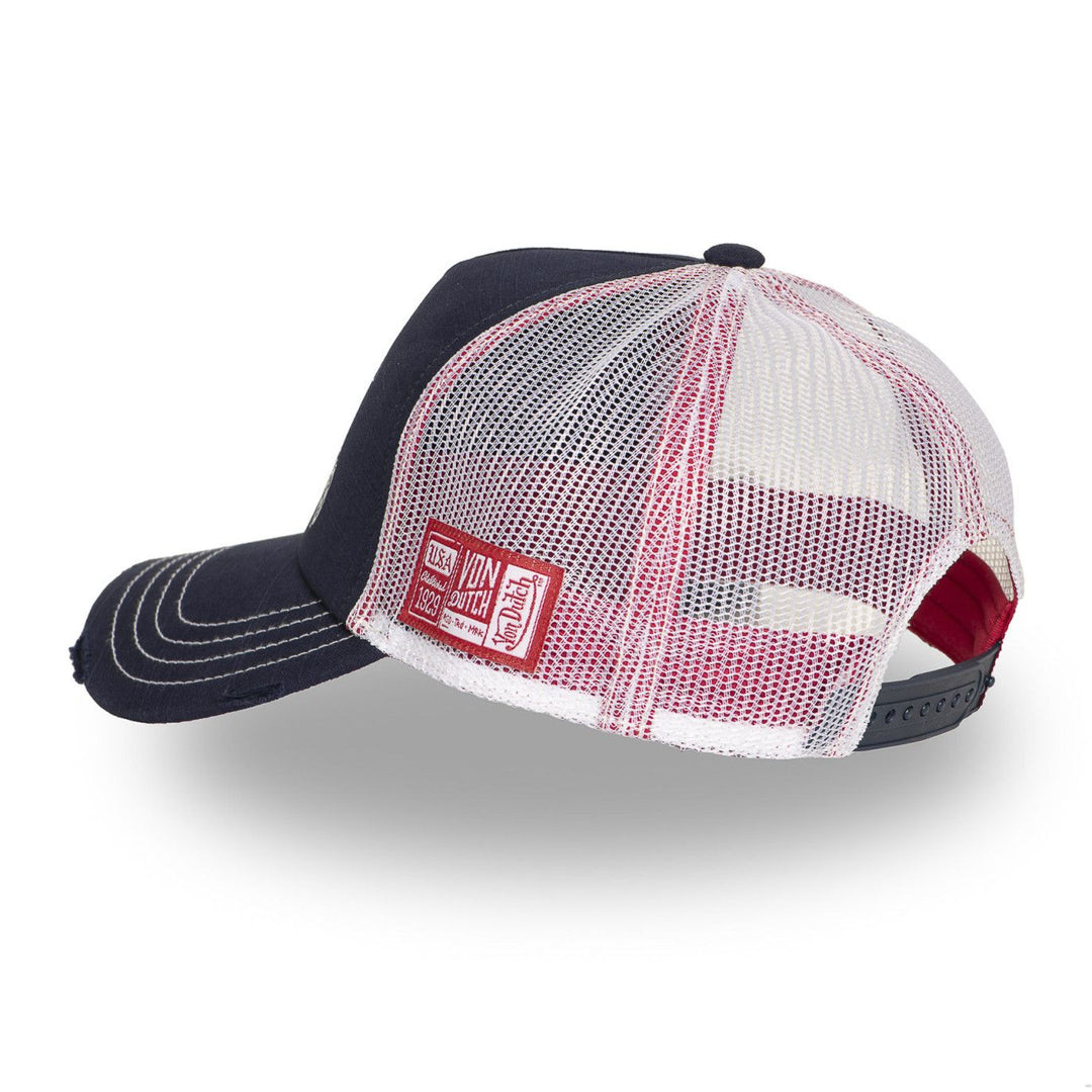 Von Dutch Casquette "Crew26" - bleu/blanc/rouge. Snapback ajustable, filet rigide, effet usé. Coton-polyester. Style racing authentique. - Esprit Pilote