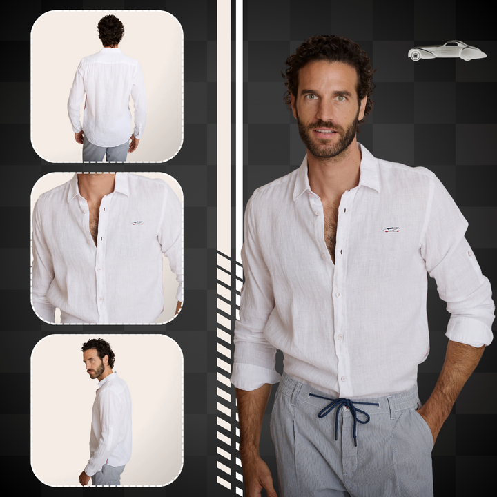 Affirmez votre look avec Delahaye Chemise 100% Lin Blanc - Chemise intemporelle en lin pur blanc, coupe régulière généreuse pour un confort optimal. Manches longues et broderie poitrine signature apportent une touche d'élégance discrète, tandis que le lis