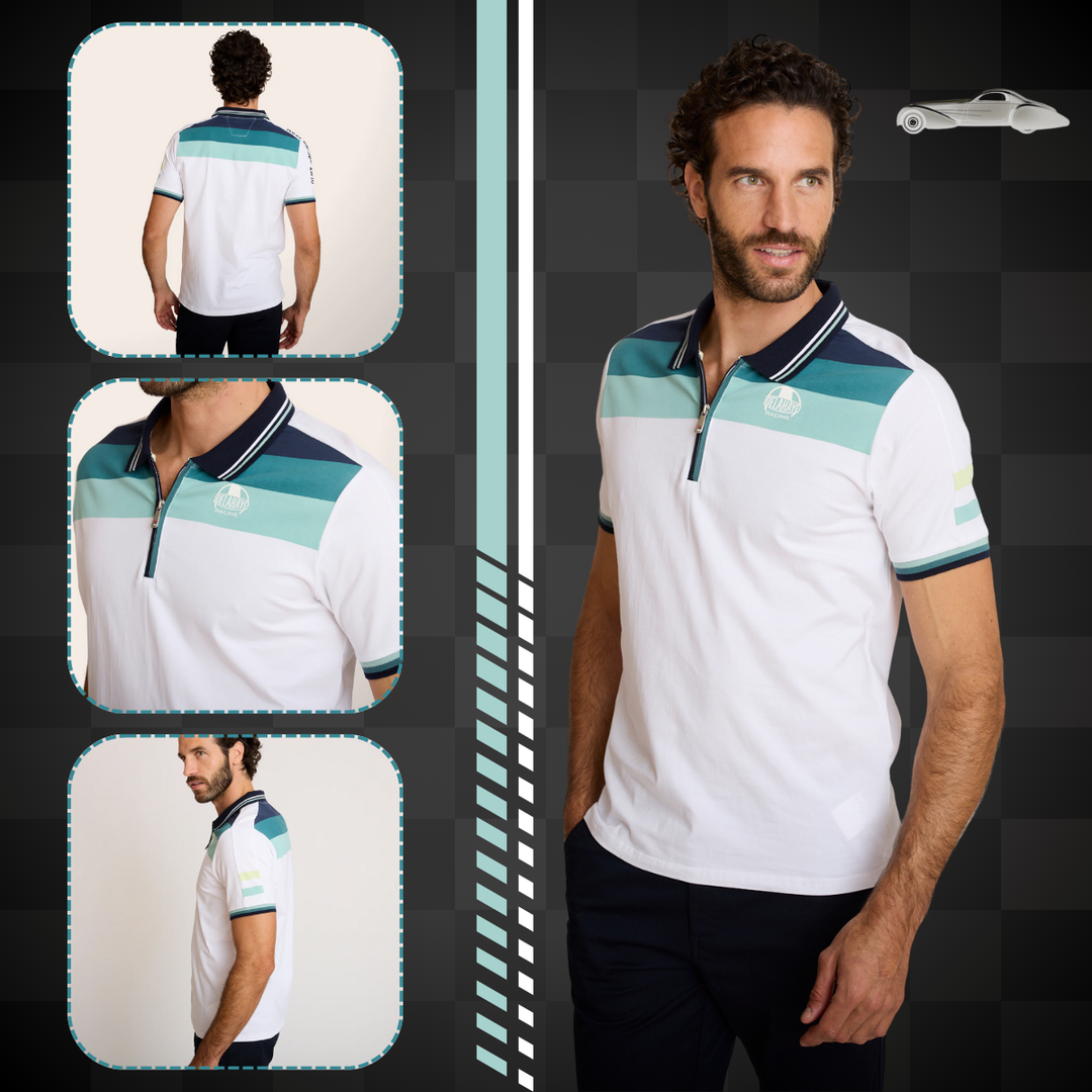 Affirmez votre look avec Delahaye Polo Racing Manches Courtes Blanc/Sauge/Marine - Polo racing authentique confectionné en coton-élasthanne pour un confort optimal et une liberté de mouvement. Doté d'un col zippé pratique, de bords côtelés aux manches pou