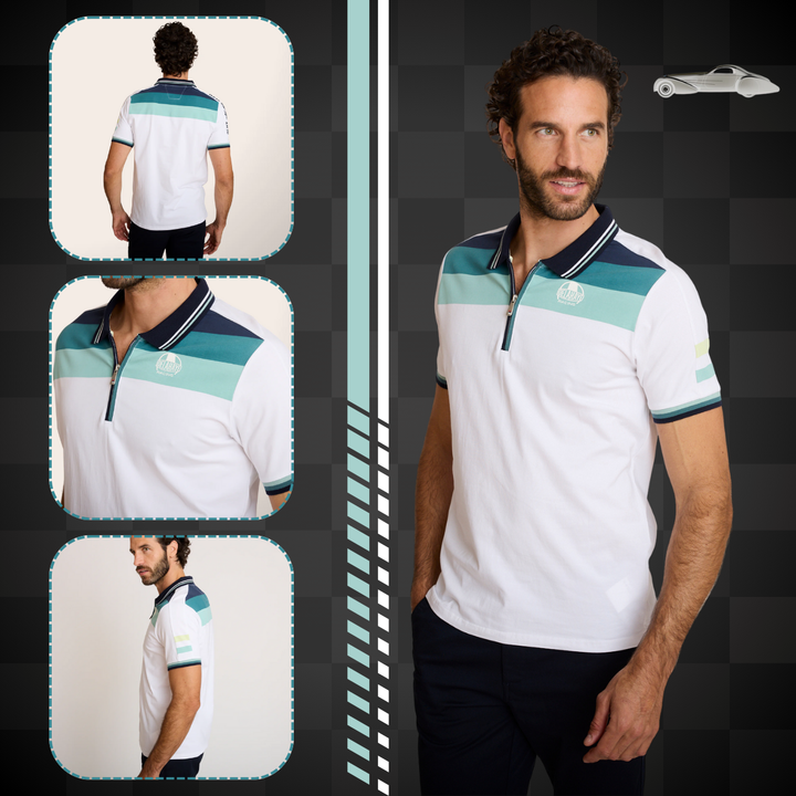 Affirmez votre look avec Delahaye Polo Racing Manches Courtes Blanc/Sauge/Marine - Polo racing authentique confectionné en coton-élasthanne pour un confort optimal et une liberté de mouvement. Doté d'un col zippé pratique, de bords côtelés aux manches pou
