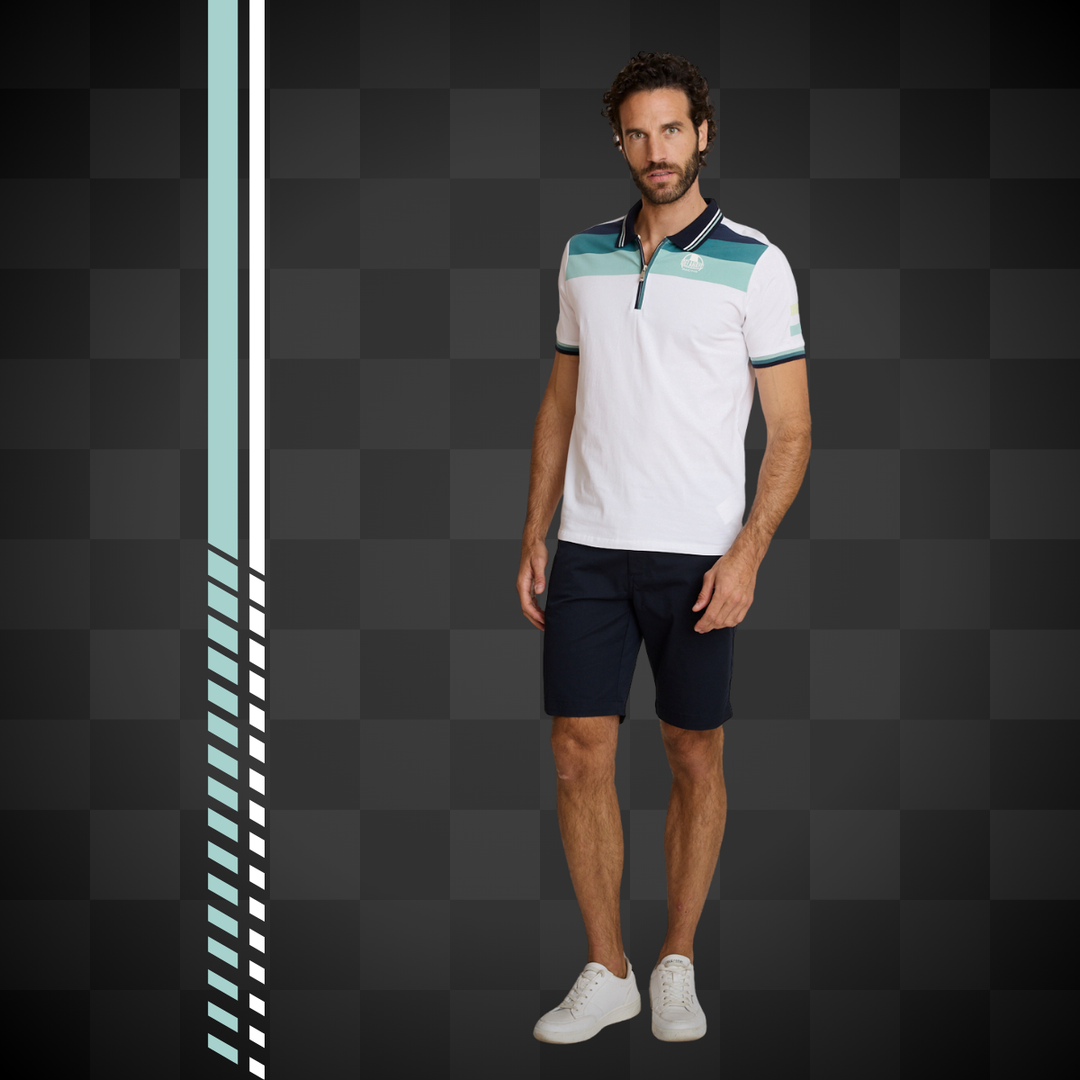 Affirmez votre look avec Delahaye Polo Racing Manches Courtes Blanc/Sauge/Marine - Polo racing authentique confectionné en coton-élasthanne pour un confort optimal et une liberté de mouvement. Doté d'un col zippé pratique, de bords côtelés aux manches pou