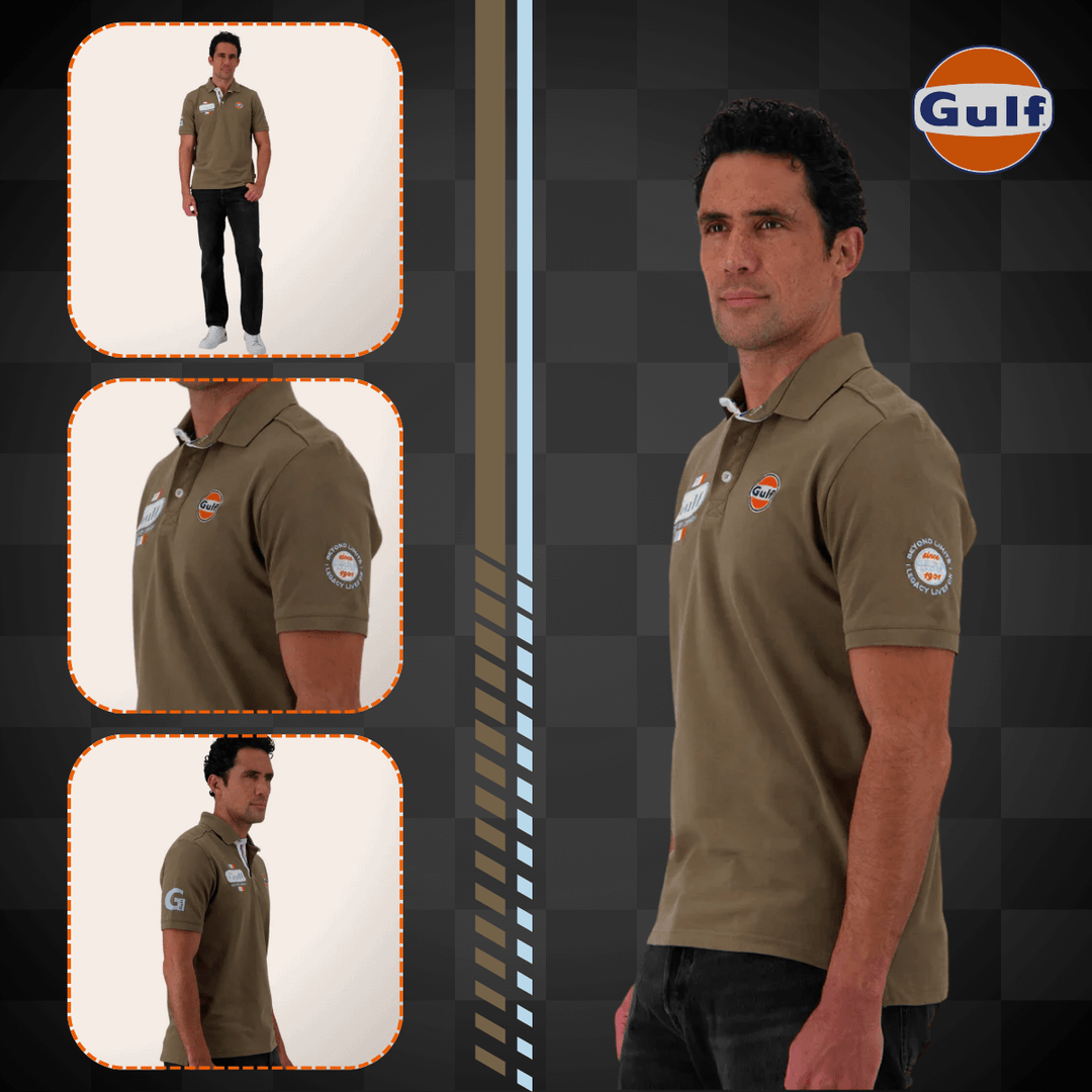 Affirmez votre look avec Gulf Polo "Bold Classics" Olive - il incarne l'essence du style racing avec assurance. il affiche une construction robuste et durable. - Esprit Pilote