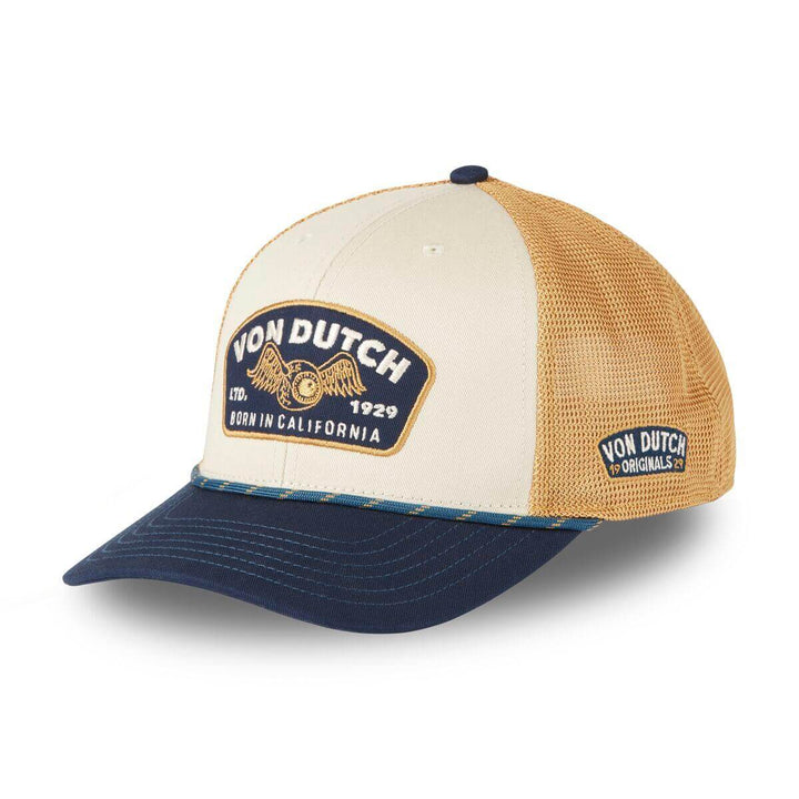 Von Dutch Casquette "Sem 07" - Von Dutch Casquette "Sem 07" – Trucker semi-curved beige/bleu foncé. Visière arrondie, snapback ajustable, filet souple. 50% coton, 50% polyester. - Esprit Pilote