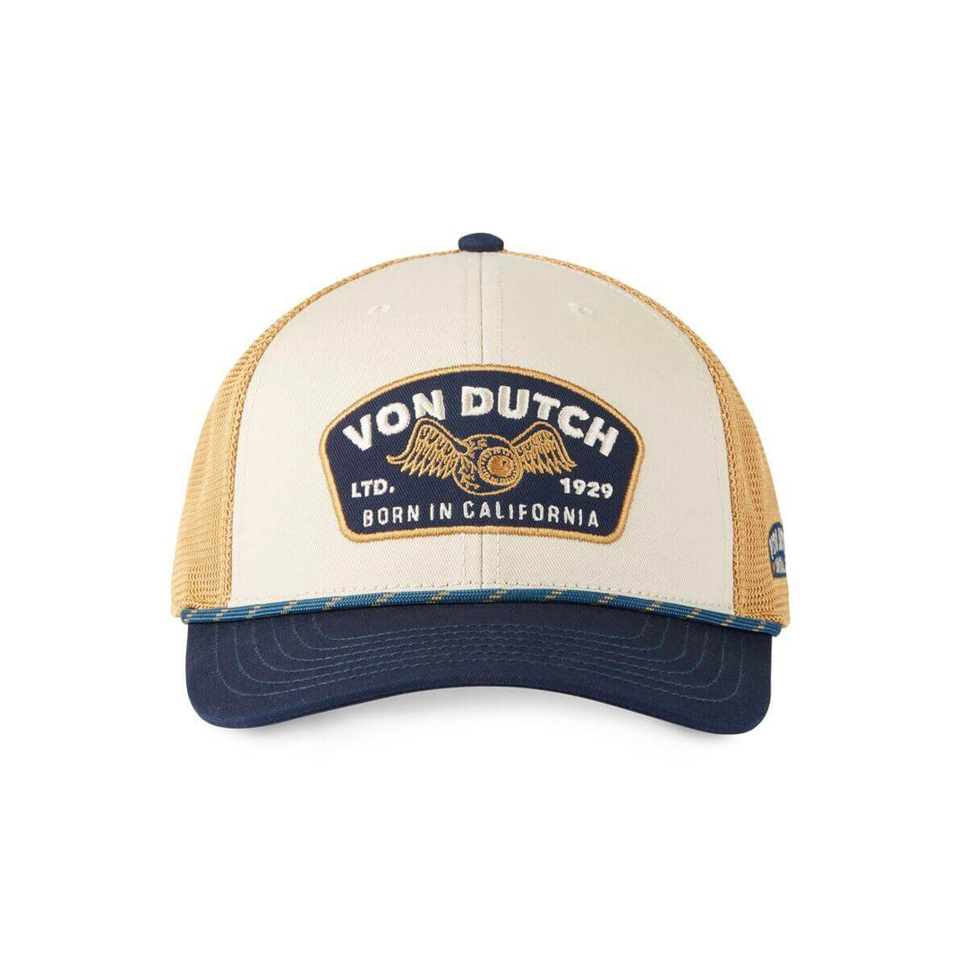 Von Dutch Casquette "Sem 07" - Von Dutch Casquette "Sem 07" – Trucker semi-curved beige/bleu foncé. Visière arrondie, snapback ajustable, filet souple. 50% coton, 50% polyester. - Esprit Pilote