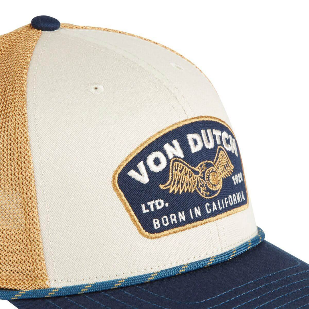 Von Dutch Casquette "Sem 07" - Von Dutch Casquette "Sem 07" – Trucker semi-curved beige/bleu foncé. Visière arrondie, snapback ajustable, filet souple. 50% coton, 50% polyester. - Esprit Pilote