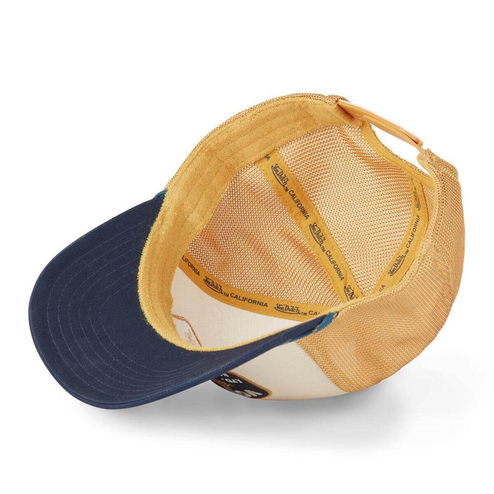 Von Dutch Casquette "Sem 07" - Von Dutch Casquette "Sem 07" – Trucker semi-curved beige/bleu foncé. Visière arrondie, snapback ajustable, filet souple. 50% coton, 50% polyester. - Esprit Pilote