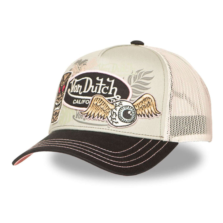 Von Dutch Casquette "Patches 13" - Von Dutch Casquette "Patches 13" Trucker. Snapback réglable, filet rigide. 50% coton, 50% polyester. Gris clair, vert pâle, noir, beige. Visière arrondie. - Esprit Pilote