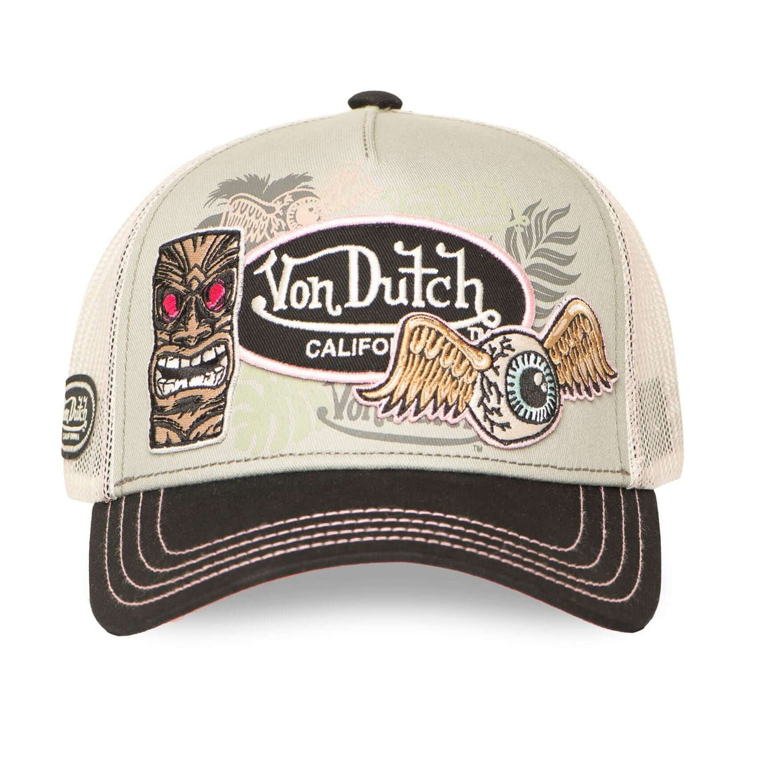 Von Dutch Casquette "Patches 13" - Von Dutch Casquette "Patches 13" Trucker. Snapback réglable, filet rigide. 50% coton, 50% polyester. Gris clair, vert pâle, noir, beige. Visière arrondie. - Esprit Pilote