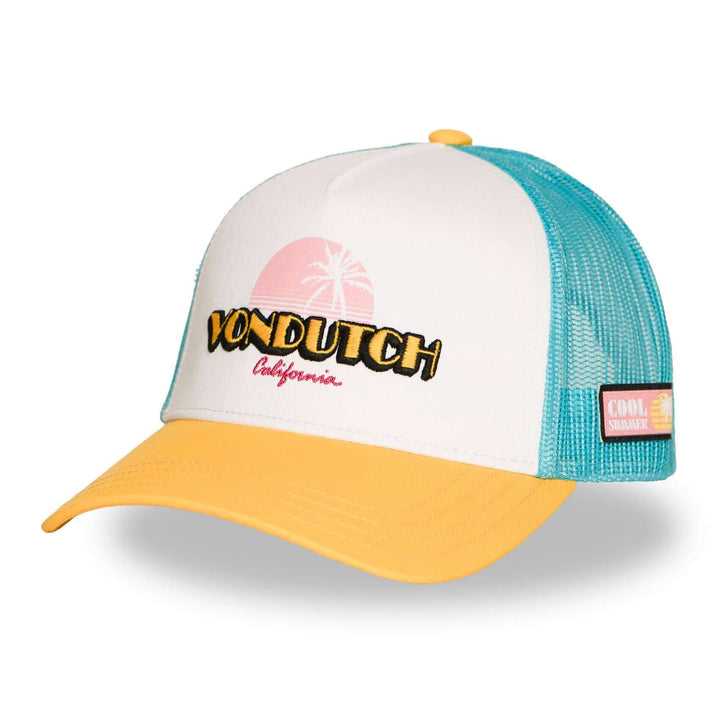 Von Dutch Casquette "Surf 12" - Von Dutch Casquette "Surf 12" – Trucker coloris turquoise, blanc, jaune et rose. Visière arrondie, filet rigide, snapback ajustable. Coton-polyester 50/50 - Esprit Pilote