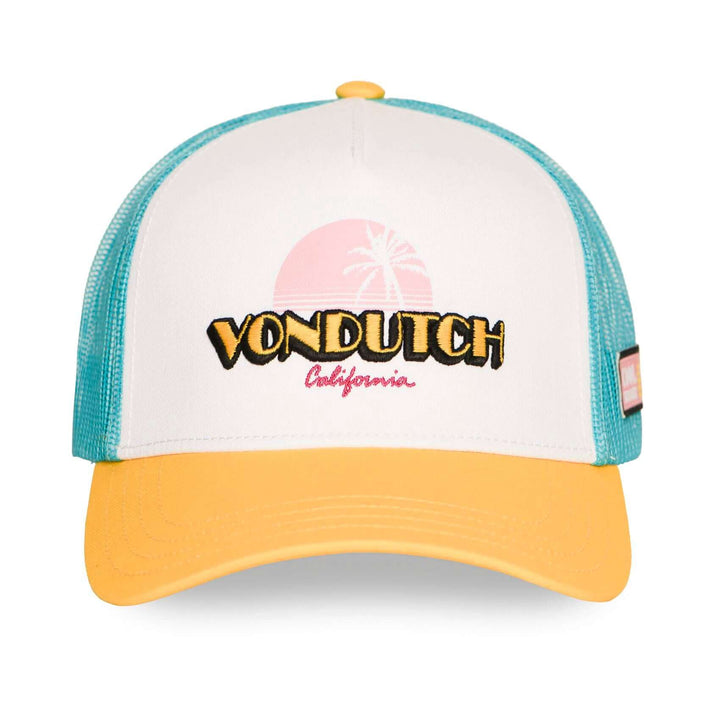 Von Dutch Casquette "Surf 12" - Von Dutch Casquette "Surf 12" – Trucker coloris turquoise, blanc, jaune et rose. Visière arrondie, filet rigide, snapback ajustable. Coton-polyester 50/50 - Esprit Pilote