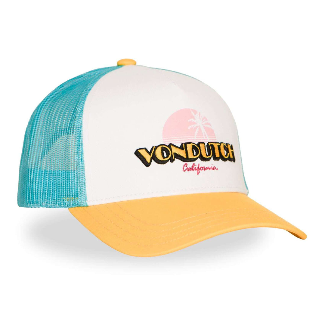 Von Dutch Casquette "Surf 12" - Von Dutch Casquette "Surf 12" – Trucker coloris turquoise, blanc, jaune et rose. Visière arrondie, filet rigide, snapback ajustable. Coton-polyester 50/50 - Esprit Pilote